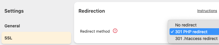 Really Simple SSL - Change redirect method (301 PHP Redirect / 301 .htaccess redirect)