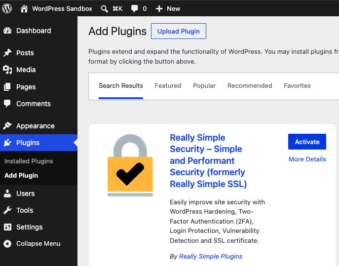Activating the Really Simple Security plugin (formerly Really Simple SSL) via WordPress