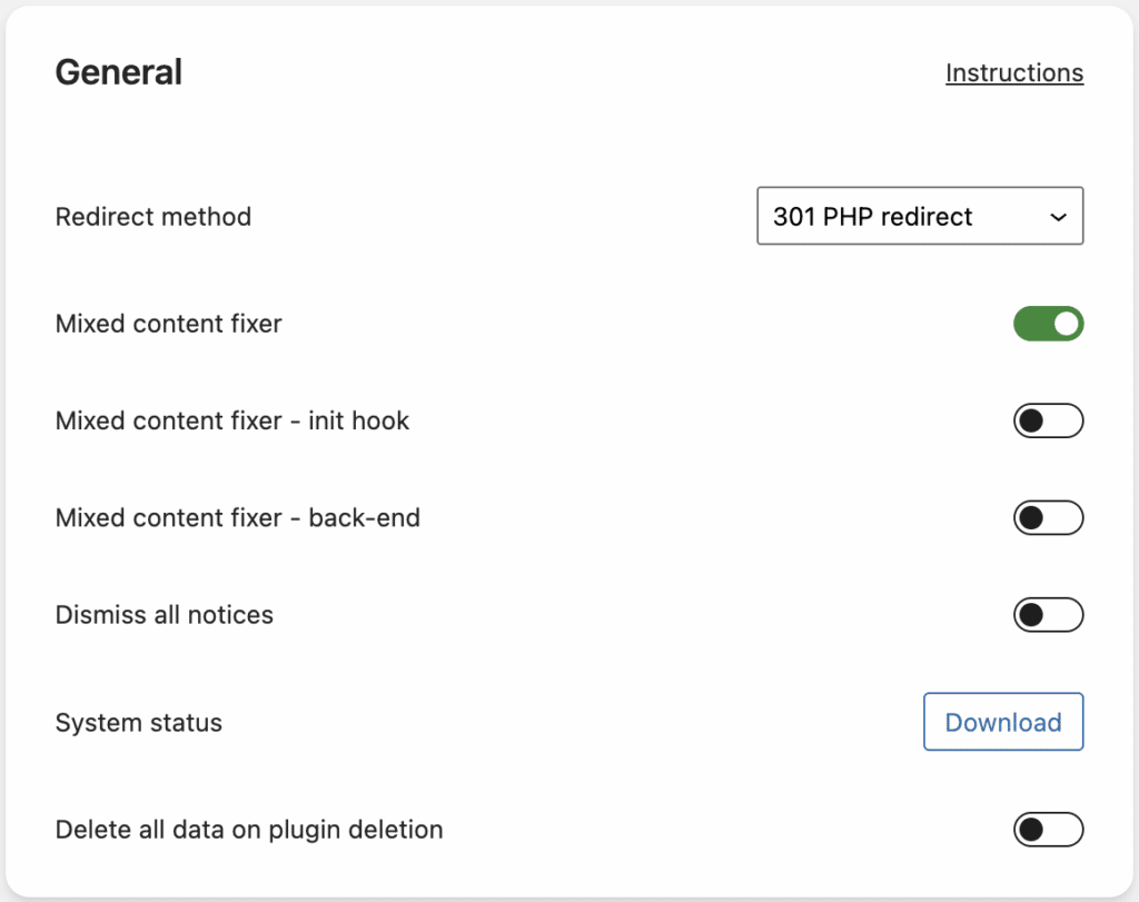 Screenshot with Really Simple SSL General Settings