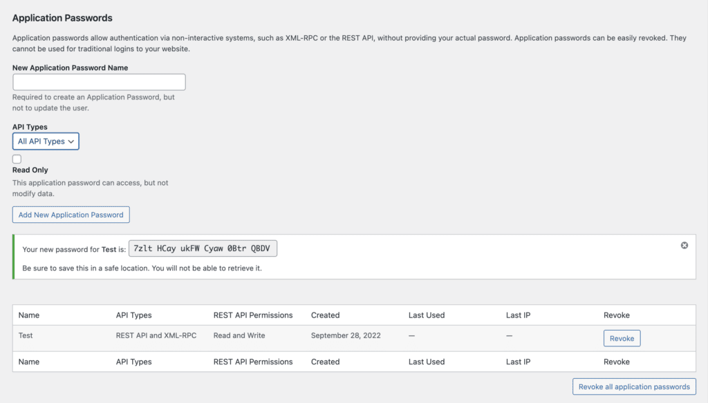 Generate Application passwords via the User Profile Page