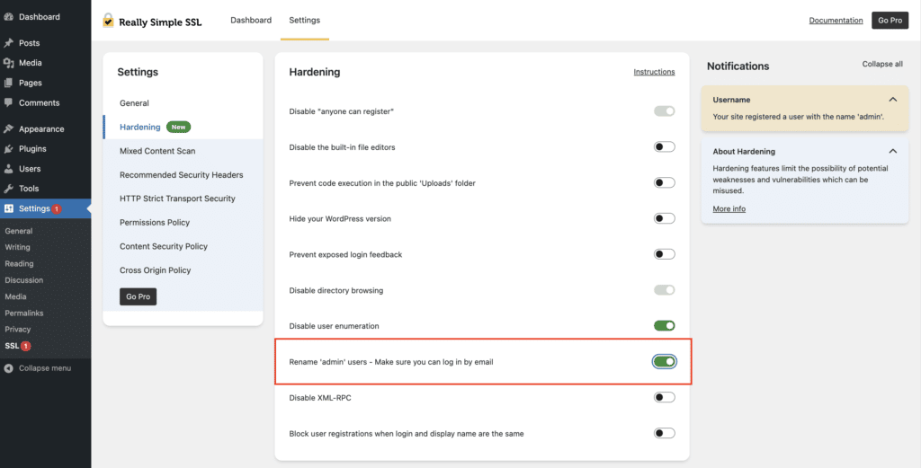 The rename admin username function in Really Simple SSL