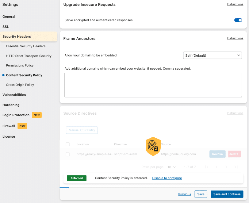 A screenshot of the Content Security Policy page in the Really Simple Security Pro plugin (Upgrade-Insecure-Requests, Frame Ancestors, Learning Mode, Manage Resource Loading)