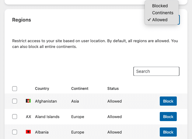 Really Simple SSL - Firewall, Allowed Regions