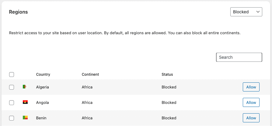 Really Simple SSL - Firewall, Continents tab