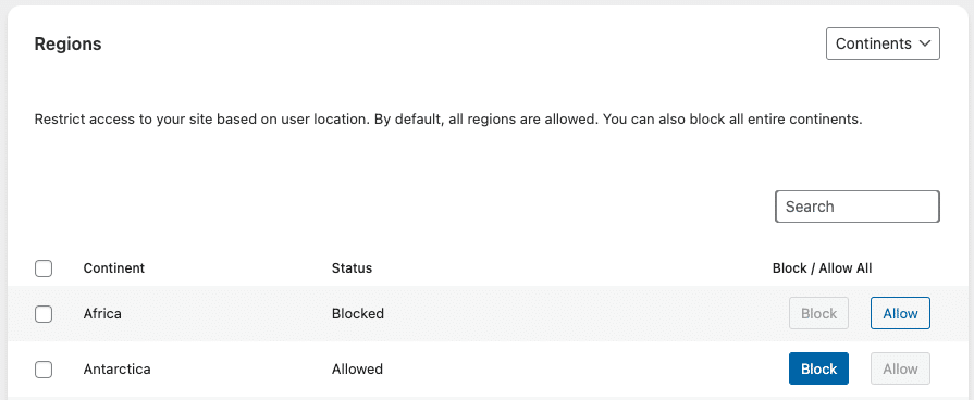 Really Simple SSL - Firewall, Continents tab