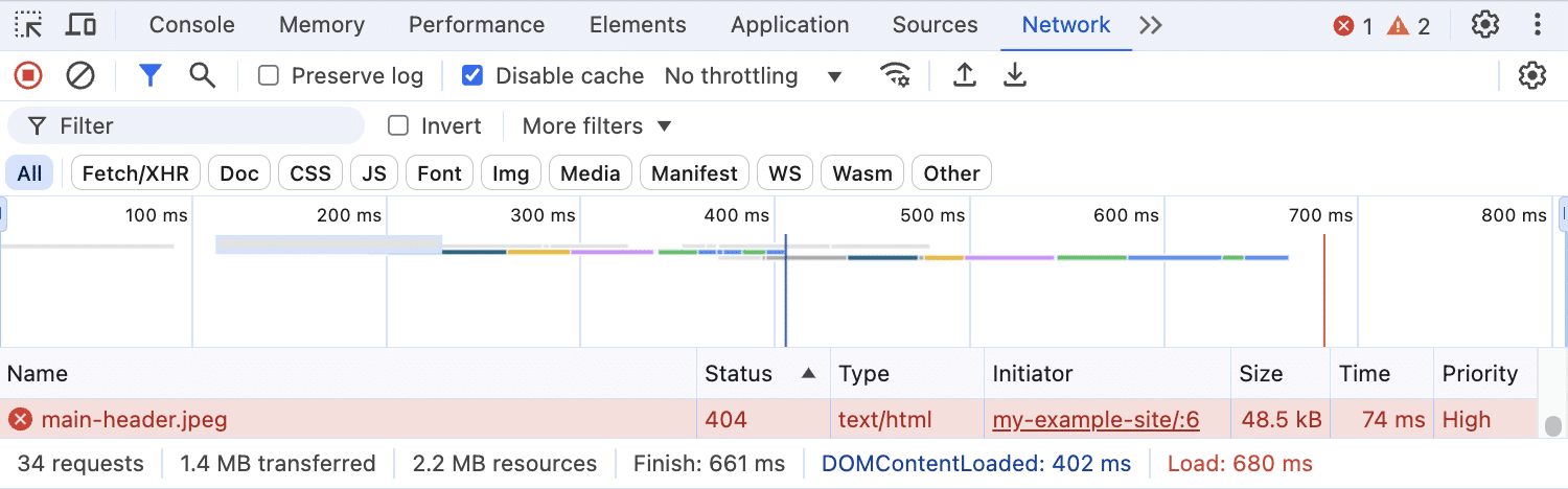 Using the Network Tab in DevTools to find resources with 404 Not Found errors